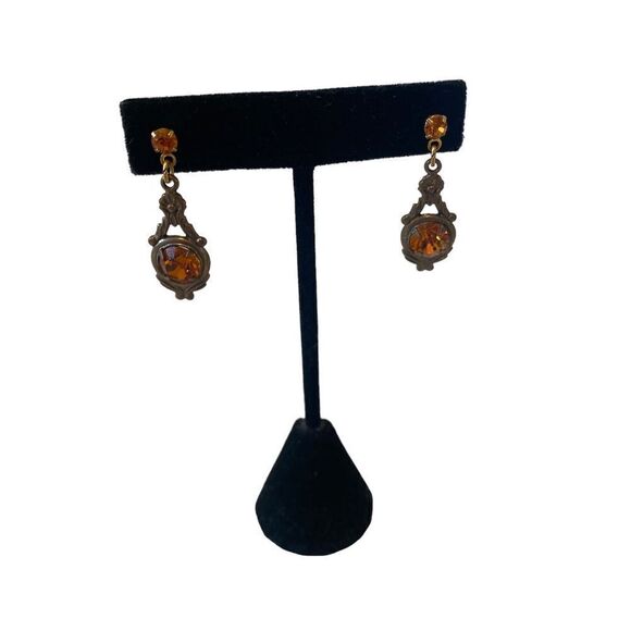 Sadie Green Vintage Faux Amber Stone & Antiqued Gold Tone Drop Earrings - Picture 3 of 6